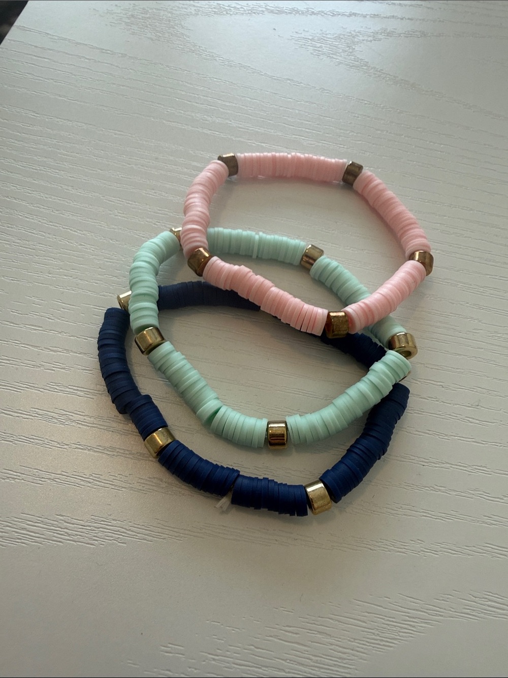 Set of 3 Stacked Heishi Bead Bracelets -Pink, Mint Teal & Navy Blue- Women/Kids